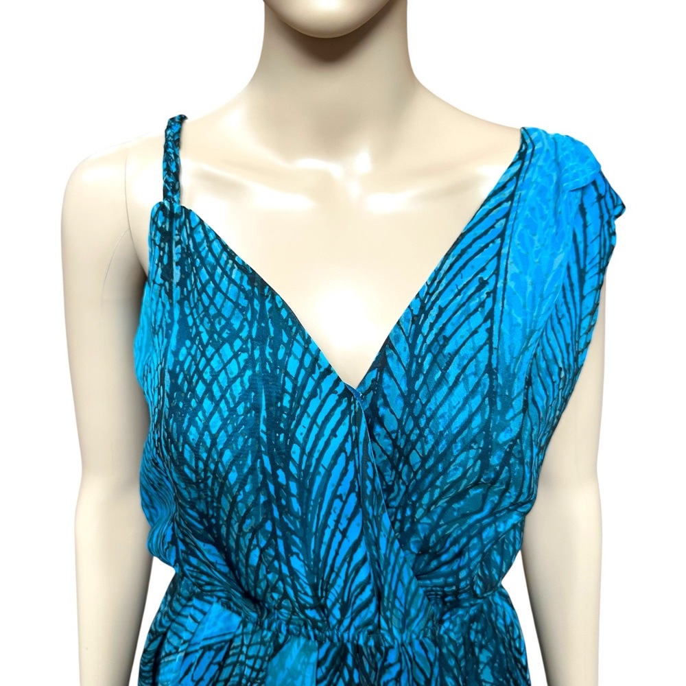 Bebe Blue Abstract Faux Wrap Draped Mini Dress Sleeveless Tulip Hem Airy Size XS - Picture 4 of 10